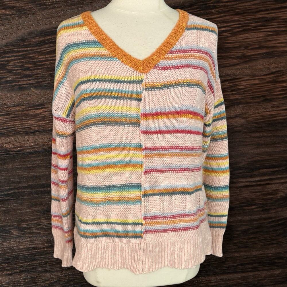 Sundance Catalog Symphony Stripes Sweater Sz S 42" Bust V Neck Pink Multi Stripe